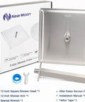 Massive 12 Inch Ceiling Mount Rain Shower Head In Square Design With Brushed Nickel Finish, box, arm, wrench, and tape