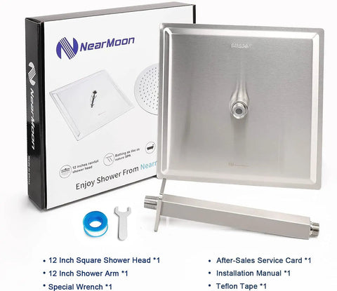 Massive 12 Inch Ceiling Mount Rain Shower Head In Square Design With Brushed Nickel Finish, box, arm, wrench, and tape