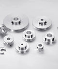 Two Pack Single Groove Pulley Set, 7mm Fixed Bore, 30mm Outer Diameter Aluminum Alloy Belt Pulley For 6mm PU Round Belts, Includes Hex Wrench, Durable Precision Gear For DIY Projects. Aluminum pulleys and hex wrench on white background