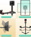 Rock Solid Triple Monitor Stand Built Like A Tank Heavy Duty Full Motion Adjustable Arms showing 360° rotation and 90° tilt adjustments.