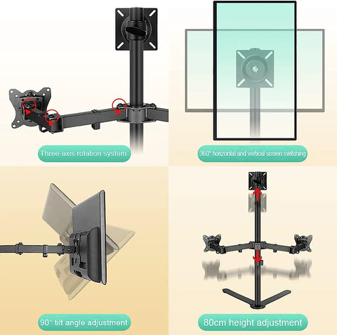 Rock Solid Triple Monitor Stand Built Like A Tank Heavy Duty Full Motion Adjustable Arms showing 360° rotation and 90° tilt adjustments.