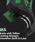 Close-up of Cordless 18V PVC Pipe Cutter with LCD Display, featuring SK5 Teflon-coated blade for clean, efficient cuts.
