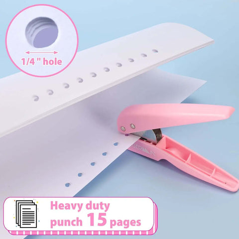 Lightweight Pink One Quarter Inch Hole Punch for Paper Cards and Cardboard with Fifteen Sheet Capacity on Blue Background