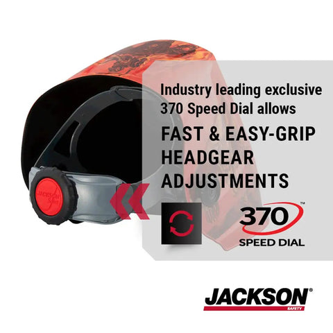 Side view of Premium Graphic Auto Darkening Welding Hood with ADF, Ultra Lightweight 1.26 Lb Helmet featuring 370 Speed Dial adjustment.