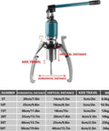 30T Hydraulic Gear Puller Kit With 2/3 Jaw Sets showing dimensions and weight chart