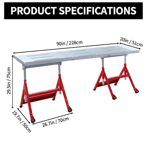 Heavy Duty Mobile Welding Table 90 By 20 Inches Adjustable Angles Steel Workbench dimensions with height and width specifications.