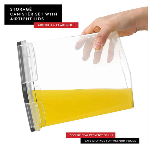 Hand holding Set Of 4 Airtight Cereal Storage Canisters 4L Each With Lids, BPA Free Food Storage Jars, showing leakproof design