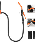 BOLCOWE cordless fuel transfer pump with orange lever and black body; coiled hose and two battery packs (front view)