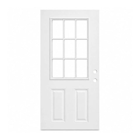 32 By 80 Inch White Primed Fiberglass Front Entry Door Slab Smooth Texture Nine Lite Clear Low E Glass front view with panel design.
