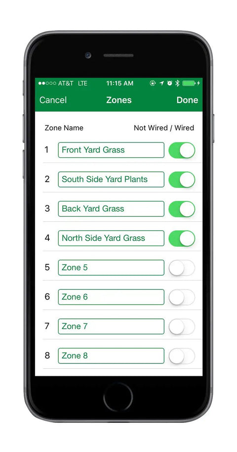 Smart Indoor WiFi Sprinkler Timer With 8 Zone Control app interface on phone, showing individual zone settings for irrigation management.