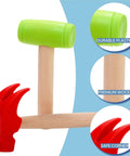 Ten Pack Kids Hammer Toy Set With Wooden Handles In Red And Green, Realistic Wood Tool Playset For Little Builders, Safe Durable Educational Pretend Play Toy For Boys And Girls, close-up green head and red claw