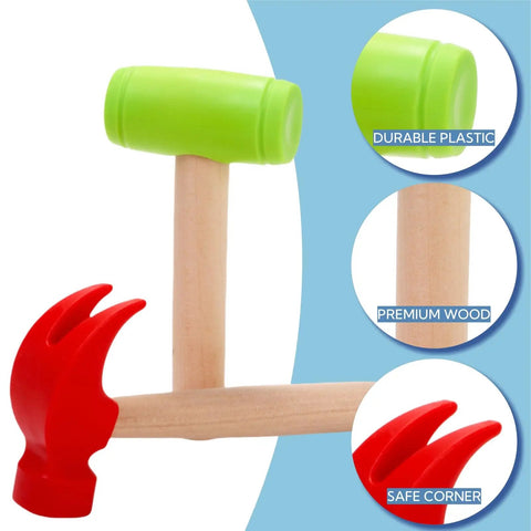 Ten Pack Kids Hammer Toy Set With Wooden Handles In Red And Green, Realistic Wood Tool Playset For Little Builders, Safe Durable Educational Pretend Play Toy For Boys And Girls, close-up green head and red claw