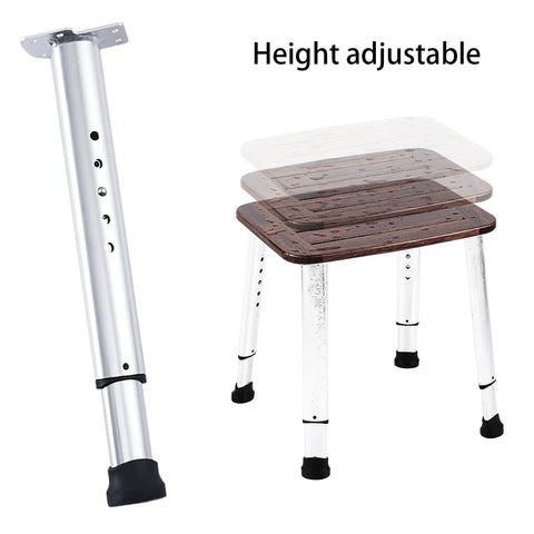 Teak Shower Bench And Bath Stool For Shower Or Tub, Height Adjustable, showing adjustable legs and teak seat.