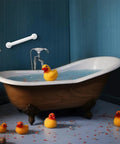 Straight Up Solid Stainless Steel Twelve Inch Bathroom Safety Grab Bar With Smooth Anti Slip Grip Perfect For Elderly Seniors Total Lifesaver Support Handle Easy Peasy Setup above a bathtub with rubber ducks.