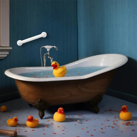 Straight Up Solid Stainless Steel Twelve Inch Bathroom Safety Grab Bar With Smooth Anti Slip Grip Perfect For Elderly Seniors Total Lifesaver Support Handle Easy Peasy Setup above a bathtub with rubber ducks.