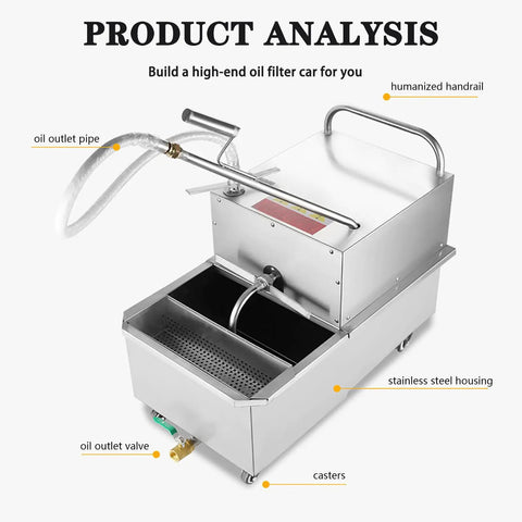 Heavy Duty Commercial Deep Fryer Oil Filter Machine 65L Capacity with smooth cart, stainless steel housing, and oil outlet pipe.