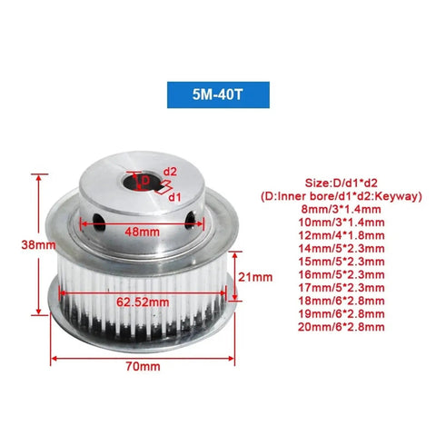 Top Notch Aluminum Timing Pulley Built Like A Tank For Smooth Transmission Upgrades Featuring 40 Clean Teeth And Htd5M Groove With A Rock Solid 19Mm Bore And Precision Keyway For Serious Torque Transfer, 70mm diameter.