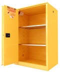 Hella Tough 90 Gallon Flammable Storage Cabinet With Self Closing Sliding Door And OSHA Compliant Design For Jobsite Chemical Safety Plus Heavy Duty Workshop Security Setup, open view showing shelves.