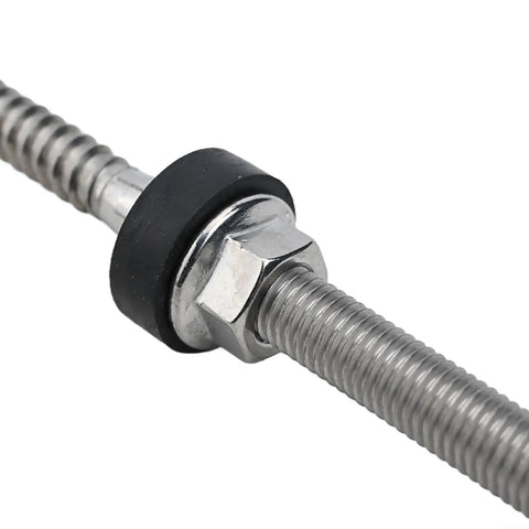 Close-up of M10 Hanger Bolts For Solar Panels With EPDM Seal And Locking Nut A2 Stainless Steel, showcasing thread and seal detail.