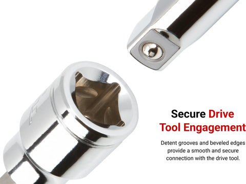 Close-up of Three Eighth Inch Drive Hex Bit Socket With Five Thirty Second Inch Hex Bit, showing beveled edges and detent grooves.