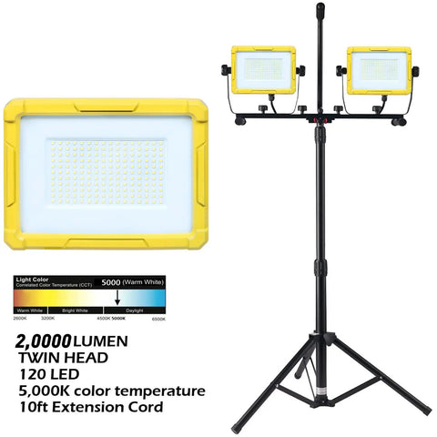 Heavy Duty 20,000 Lumen Twin Head LED Work Light With Metal Telescopic Tripod Stand, 10 Ft Power Cord, IP65 Water Resistant
