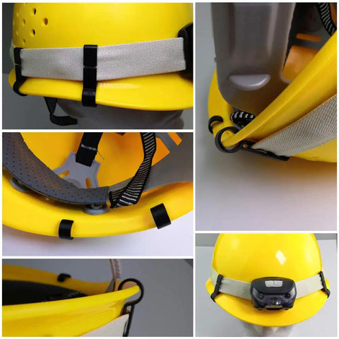 Durable Helmet Headlamp Clips Kit for Narrow Edged Helmets Hard Hats and Safety Caps Easy Install Headlight Hook Keeps Straps From Slipping Lightweight Yet Strong Mounts for Night Work 100 Pieces Pack shown on yellow hard hat with strap hooks