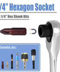 Mini 72-Tooth One Quarter Inch Ratchet Wrench With Dual Head Hex Bit Holder And Square Drive showcasing hexagon socket