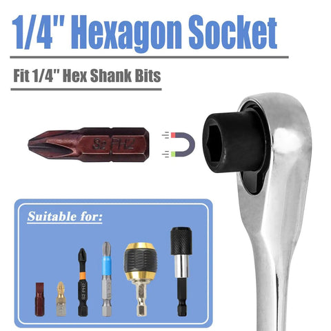 Mini 72-Tooth One Quarter Inch Ratchet Wrench With Dual Head Hex Bit Holder And Square Drive showcasing hexagon socket
