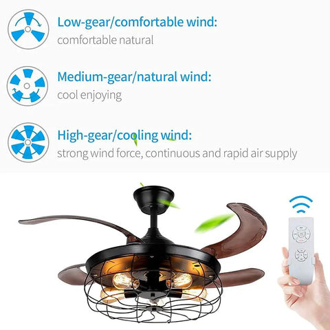42 Inch Ceiling Fan With Lights Remote Control And Retractable Blades In Vintage Industrial Cage Black Finish