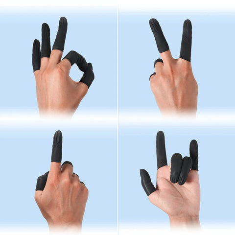 Hands wearing Disposable Latex Finger Cots Black Fingertip Protectors, 400 Pcs, 2.4 x 0.8 Inch, Rubber Finger Tips