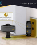 Light Gold Brushed Brass Smooth Sliding Barn Door Hardware Kit roller with felt silencing strips on adjustable track close-up