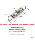 Heavy Duty Stainless Steel Tension Springs With Hooks 10 Piece Pack 10MM By 1.5MM Wire Size 45MM Length showing dimensions for automotive projects.