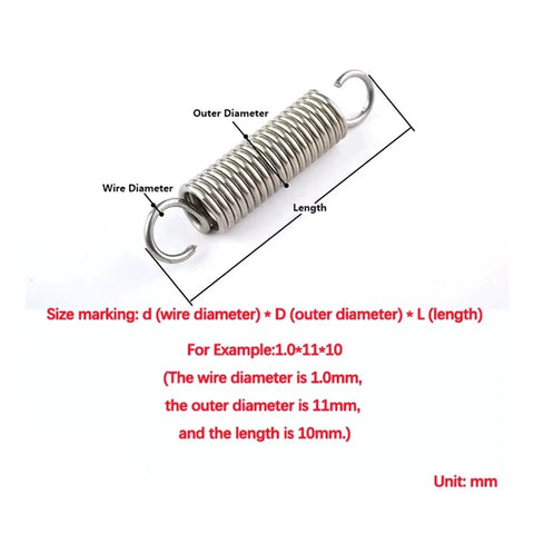 Heavy Duty Stainless Steel Tension Springs With Hooks 10 Piece Pack 10MM By 1.5MM Wire Size 45MM Length showing dimensions for automotive projects.