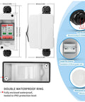 DC1000V 2 Pole 32A Solar Disconnect Switch With IP65 Waterproof DIN Rail Mount Distribution Box, dimensions and components detailed