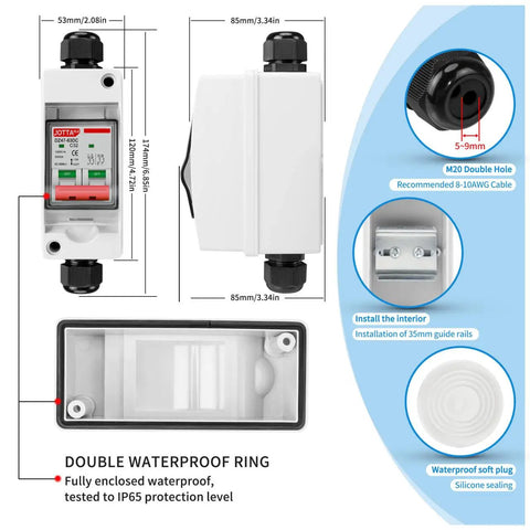 DC1000V 2 Pole 32A Solar Disconnect Switch With IP65 Waterproof DIN Rail Mount Distribution Box, dimensions and components detailed