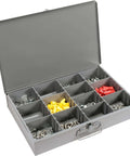 Durable Steel Compartment Box Rack With Four Adjustable Divider Boxes And Large Slide Shelf, open view with hardware inside
