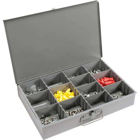 Durable Steel Compartment Box Rack With Four Adjustable Divider Boxes And Large Slide Shelf, open view with hardware inside