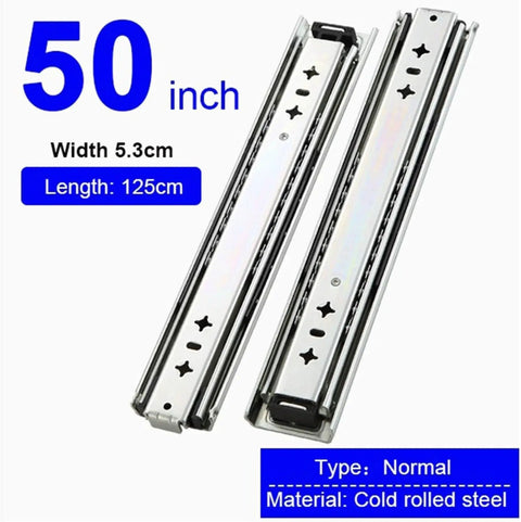 One Pair Heavy Duty Drawer Slides Ball Bearing Full Extension Cabinet Rails Three Fold Design 50 inch length and 5.3cm width.