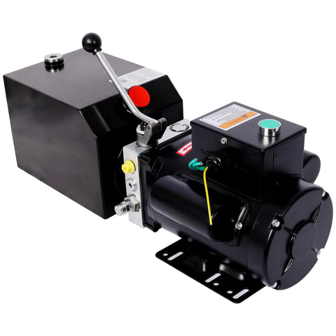 Heavy Duty Hydraulic Power Unit With 6 Quart Reservoir And Single Phase Motor, pre assembled for garage lifting systems.