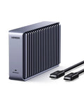 Beast Mode M.2 NVMe SSD Enclosure With 80Gbps Thunderbolt Ports and durable aluminum housing, featuring two connected cables.