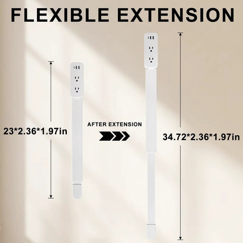 Flexible Outlet Extender Stick With Usb A And C Fast Charge Plus Two Ac Receptacles Stretches 22 To 34 Inches Swivels 180 Degrees Nips The Pinch Behind Couches And Desks, shown in two sizes.