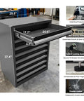 Hardcore Heavy Duty Workbench Cabinet Set With Overhead Storage Steel Pegboards Multi Hook Panels Freestanding Metal Lockers Badass Garage Tool Organization Rig with open drawer and detailed specs.