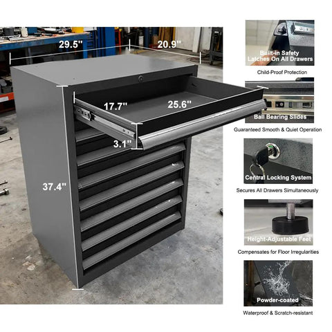 Hardcore Heavy Duty Workbench Cabinet Set With Overhead Storage Steel Pegboards Multi Hook Panels Freestanding Metal Lockers Badass Garage Tool Organization Rig with open drawer and detailed specs.