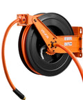 Pro Level Retractable Air Hose Reel Including 3/4 Inch By 50 Foot Pvc Hose With Snappy Auto Rewind, mounted on wall.