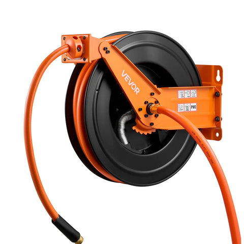 Pro Level Retractable Air Hose Reel Including 3/4 Inch By 50 Foot Pvc Hose With Snappy Auto Rewind, mounted on wall.