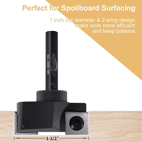 Beefy CNC Spoilboard Surfacing Router Bit With 1/4 Inch Shank And 1-1/2 Inch Cutting Diameter, carbide insert, two-wing design.