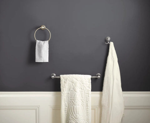 Weymouth Double Robe Hook In Chrome Finish for Bath and Kitchen showing versatile towel placement on dark wall.