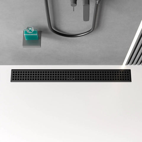 32 Inch Linear Shower Drain With Removable Square Cover And Hair Catcher Sleek Easy Install Matte Black 304 Stainless Steel Rectangular Floor