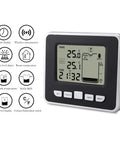 Ultrasonic Liquid Sensor For Water Tank Depth Level Meter With Temperature Display Three Point Three Inch LED Display Easy Setup No Fuss Plug And Play High Low Alarm Min Max Records Indoor Temperature Readout