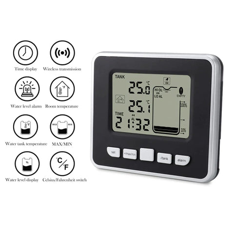 Ultrasonic Liquid Sensor For Water Tank Depth Level Meter With Temperature Display Three Point Three Inch LED Display Easy Setup No Fuss Plug And Play High Low Alarm Min Max Records Indoor Temperature Readout